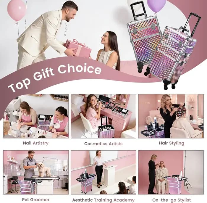 Valise de maquillage professionnelle 3 en 1 en aluminium avec roulettes, chariot de maquillage, vali