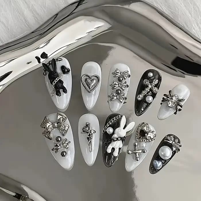 Nail art personnalisé noir et blanc, décoration de lapin et d'arc, style minimaliste gothique, adapt