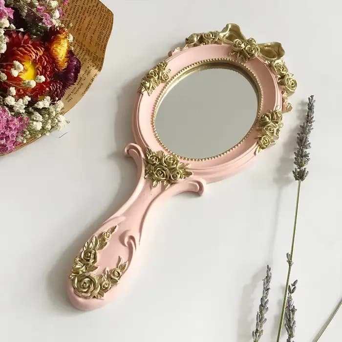 Miroir Rose portatif Vintage – Miroir de maquillage ovale portable avec motif floral en relief, miro