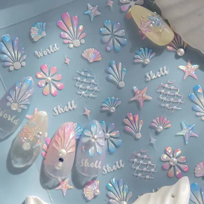 Autocollants de manucure 5D pour Nail Art, coquille de conque colorée brillante, corail, étoile de m