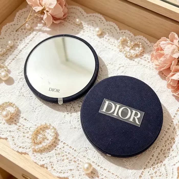 Miroir de retouche rond simple face Christian Dior en coton et lin bleu marine foncé