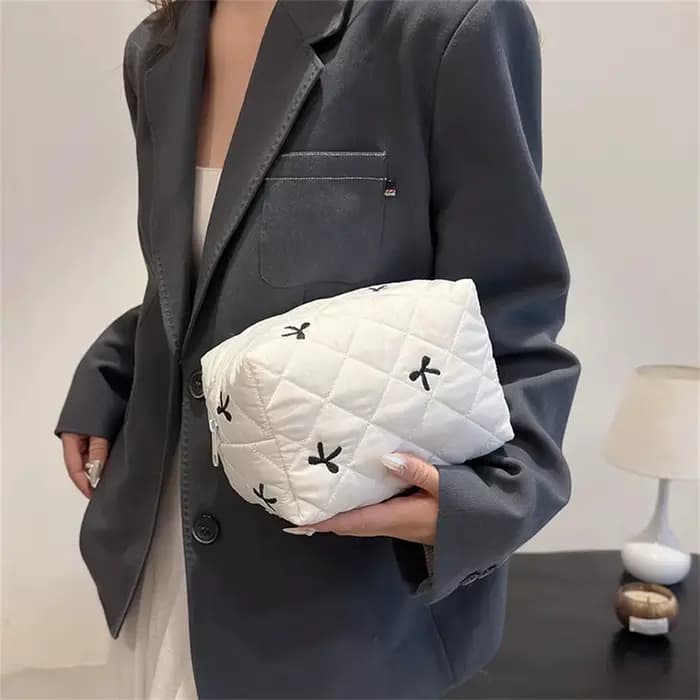 Sac de maquillage brodé avec nœud pour femmes