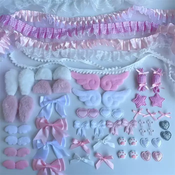 67 pièces d'ensemble d'accessoires colorés ensemble d'emballage de matériel en dentelle rose ventilateur manuel accessoires de bricolage paquet indolore beau nœud de fille