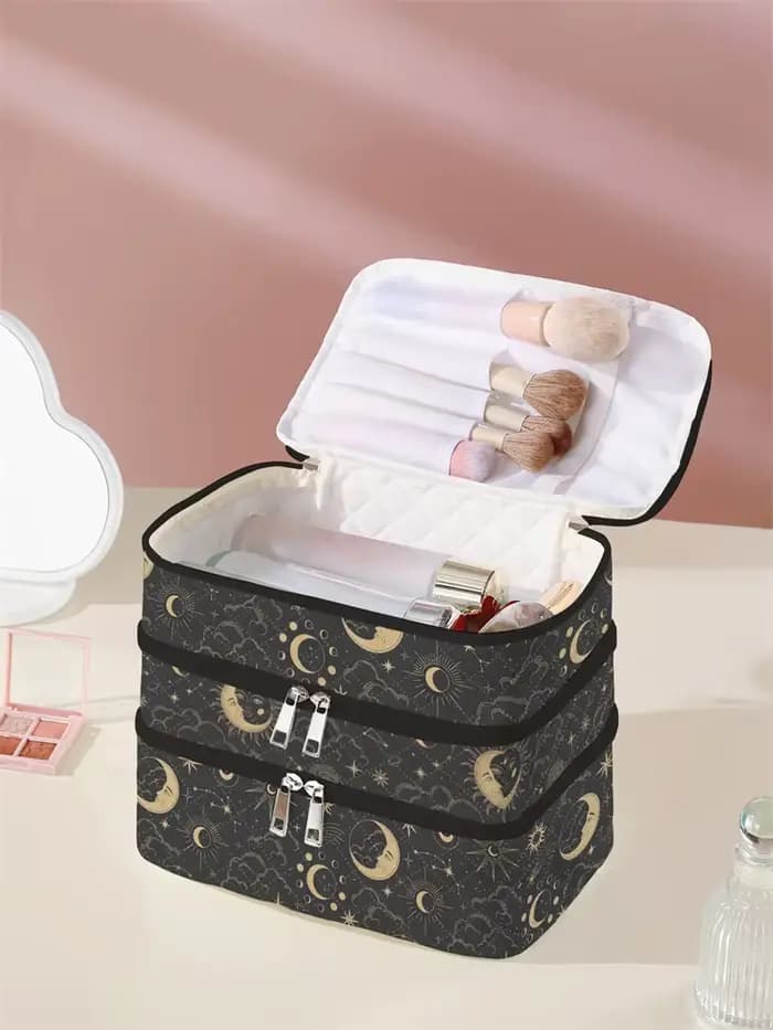 1 pièce, sac à cosmétiques à 3 couches à motif de lune et d'étoile