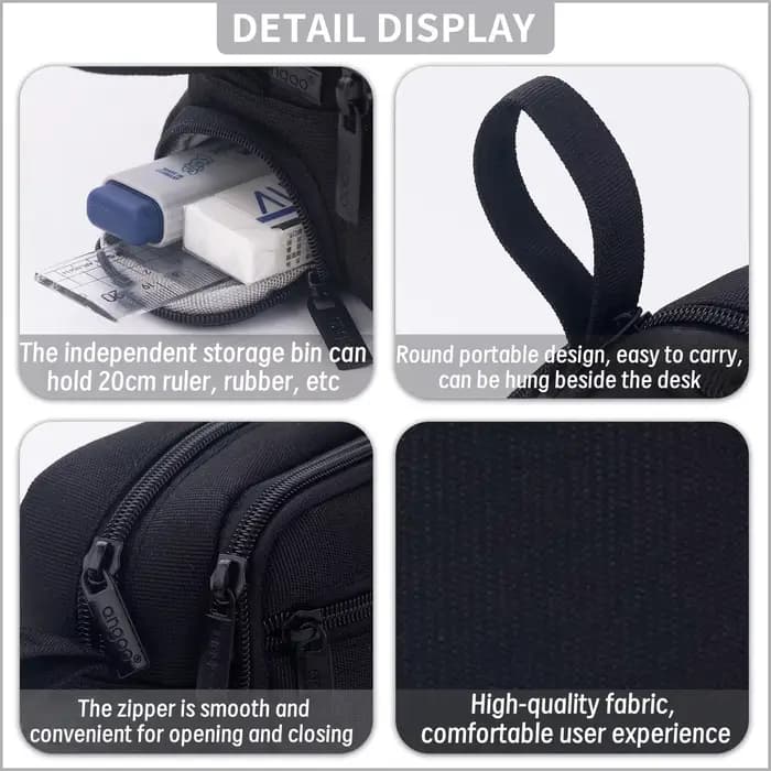 Grande trousse à crayons noire multi-compartiments avec fermeture éclair lisse