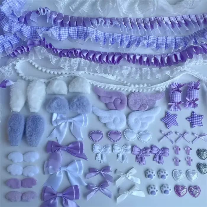 67 pièces d'ensemble d'accessoires colorés ensemble d'emballage de matériel en dentelle rose ventilateur manuel accessoires de bricolage paquet indolore beau nœud de fille