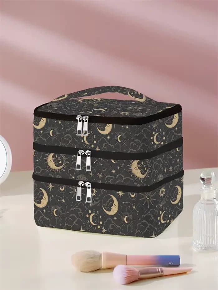 1 pièce, sac à cosmétiques à 3 couches à motif de lune et d'étoile