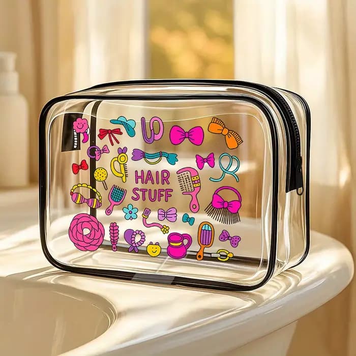 Trousse à cosmétiques transparente. Adorable design de cheveux pour les voyages