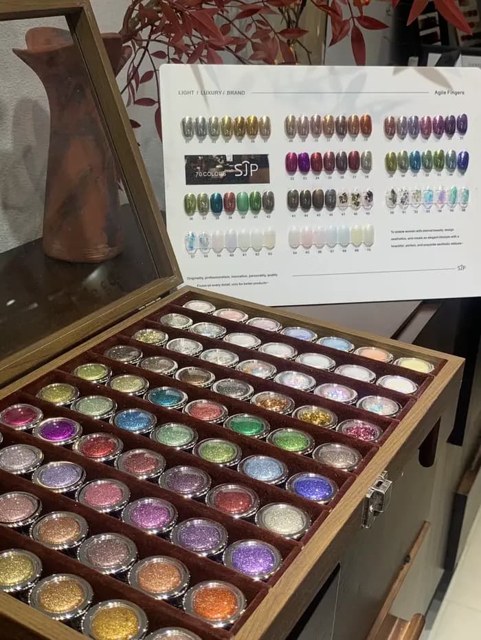 70 couleurs de poudre de miroir magique de vernis à ongles haut de gamme, poudre de vernis à ongles opale, rose clair de lune, avec échantillons de couleurs et verre st