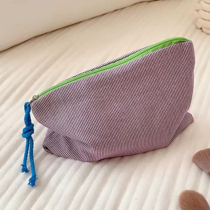 Nouvelles femmes sac de maquillage à carreaux grande capacité coton pochette à glissière sac à main