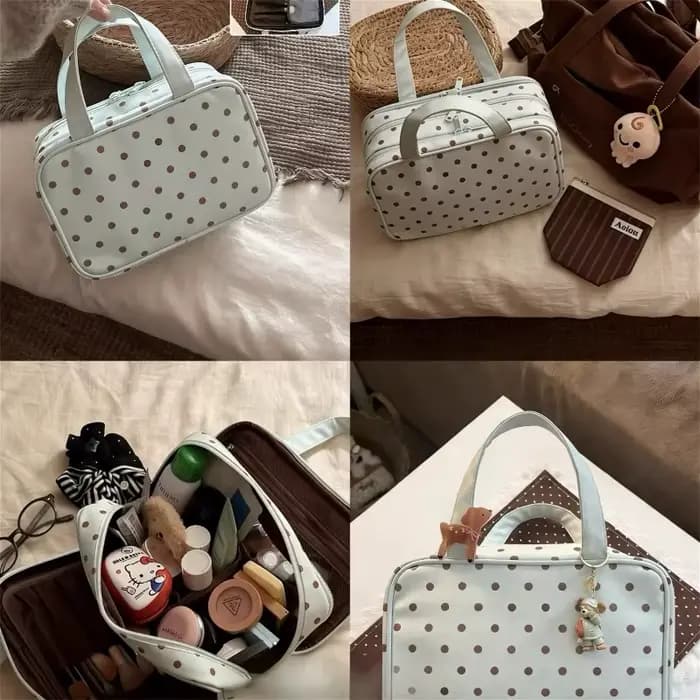 Nouvelle Trousse de Maquillage Portable Grande Capacité à Pois avec 3 Compartiments pour Femmes
