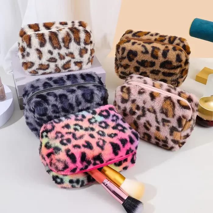 Sacs de maquillage en peluche léopard pour femmes