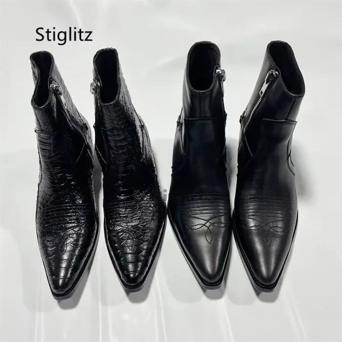 Bottes de Cowboy brodées en cuir véritable pour hommes, Style britannique, tendance, polyvalentes, noires, Chelsea, talons, chaussures habillées d'affaires