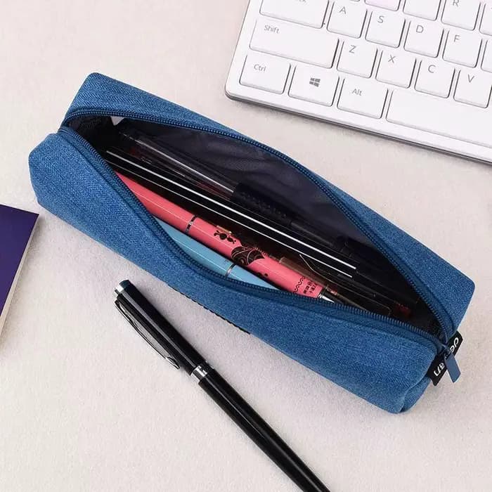 Trousse à Crayons en Toile Bleue de Grande Capacité