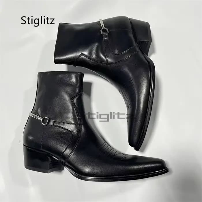 Bottes de Cowboy brodées en cuir véritable pour hommes, Style britannique, tendance, polyvalentes, noires, Chelsea, talons, chaussures habillées d'affaires