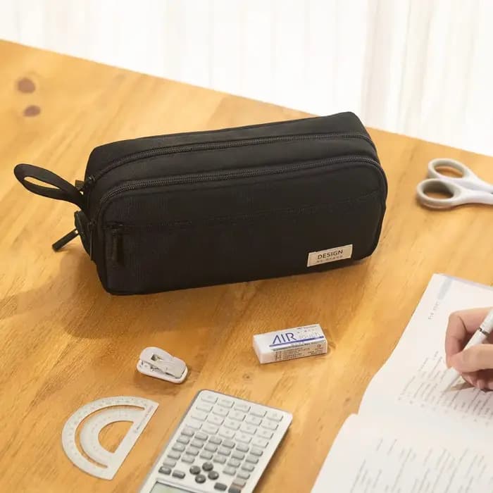 Grande trousse à crayons noire multi-compartiments avec fermeture éclair lisse