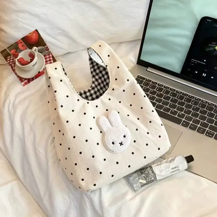 Sac de maquillage Kawaii Miffy, sac à main mignon Milfi à pois brodés, sac de rangement léger et polyvalent à carreaux frais