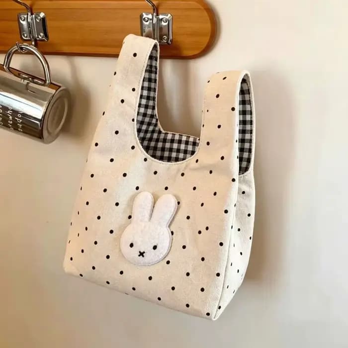 Sac de maquillage Kawaii Miffy, sac à main mignon Milfi à pois brodés, sac de rangement léger et polyvalent à carreaux frais