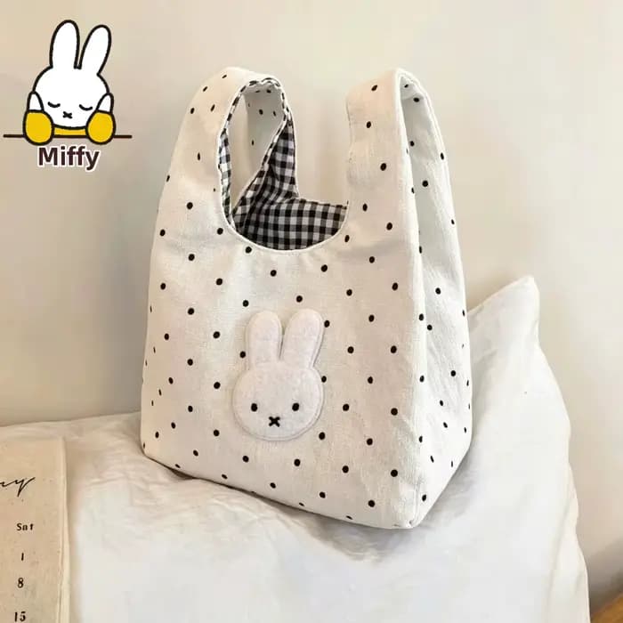 Sac de maquillage Kawaii Miffy, sac à main mignon Milfi à pois brodés, sac de rangement léger et polyvalent à carreaux frais