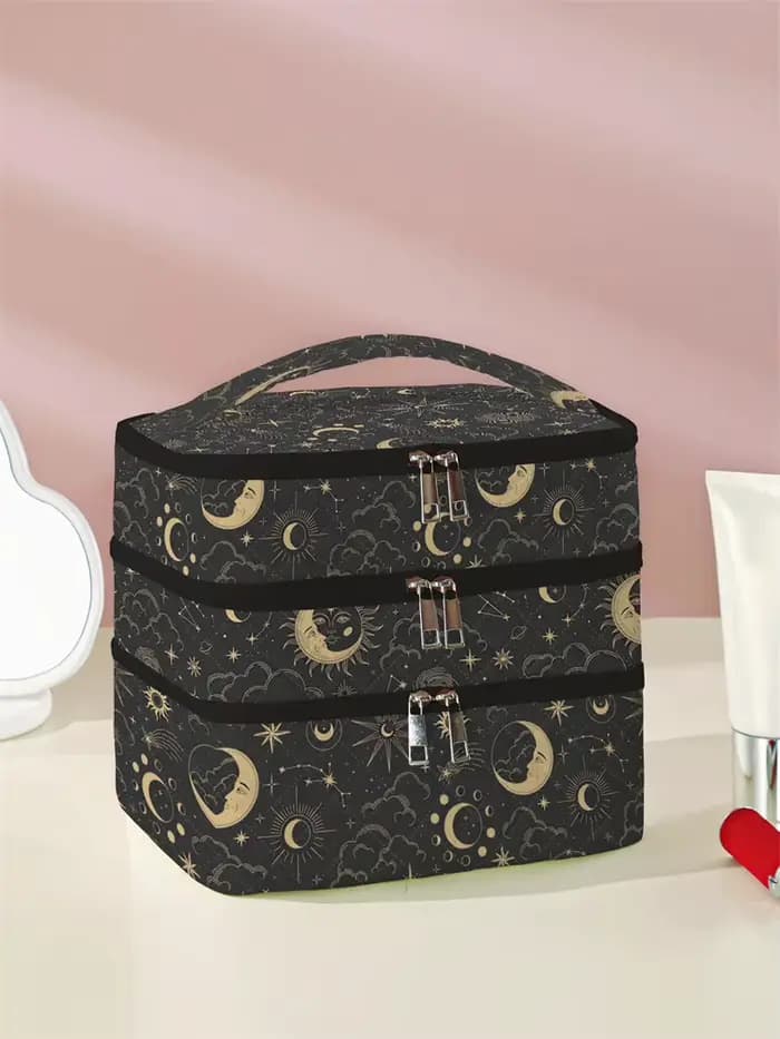 1 pièce, sac à cosmétiques à 3 couches à motif de lune et d'étoile