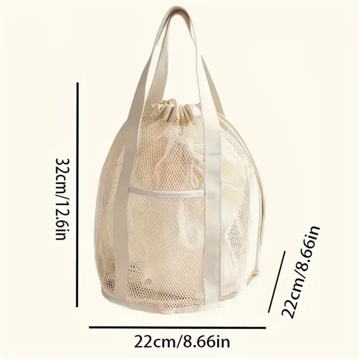 Sac de toilette de voyage pliable beige ultra-léger avec design ajouré en maille et poche à cordon pour sac à main de plage