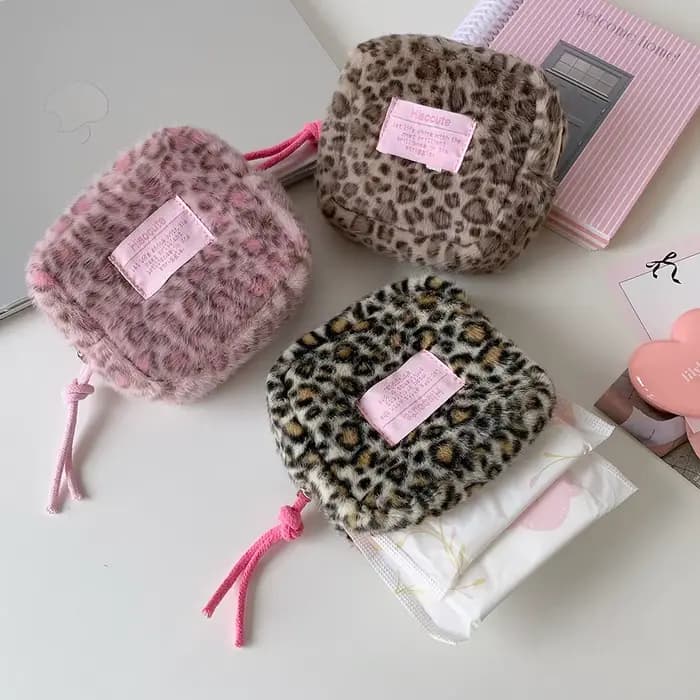 Sac à cosmétiques carré en peluche imprimé léopard