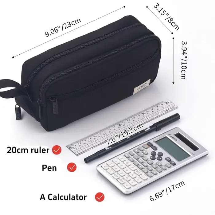 Grande trousse à crayons noire multi-compartiments avec fermeture éclair lisse