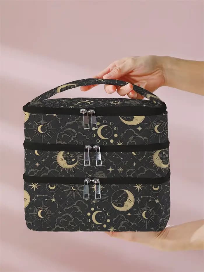1 pièce, sac à cosmétiques à 3 couches à motif de lune et d'étoile