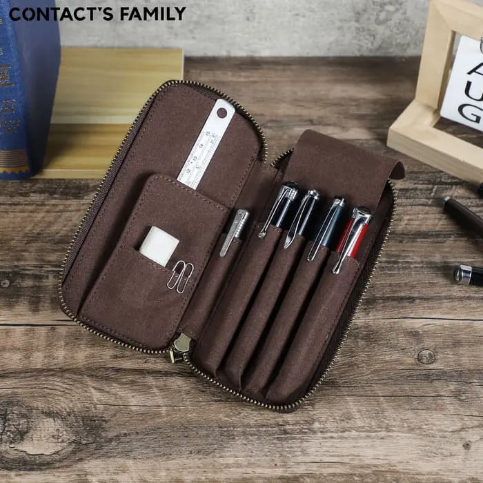 Étui à crayons en cuir véritable avec 4 compartiments
