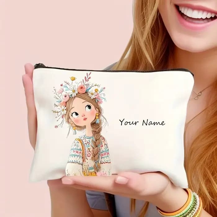 Ajouter votre nom Trousse de maquillage Motif de fille mignonne Sacs de rangement de toilette portables à fermeture éclair Pochette cosmétique pour femme A amie Cadeau de Noël