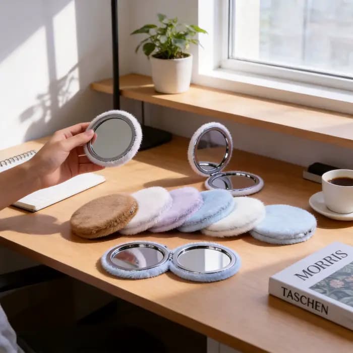 Miroir compact portable en fourrure moelleuse