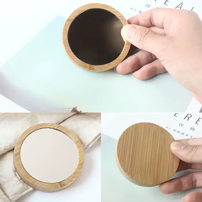 Mini Miroir de Maquillage Rond en Bois