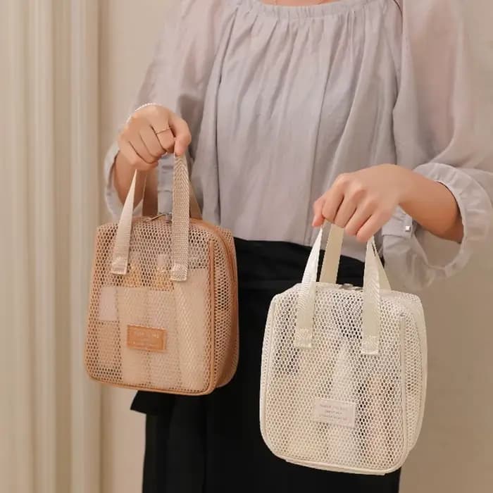 Sac de rangement en maille pour maquillage et articles de toilette