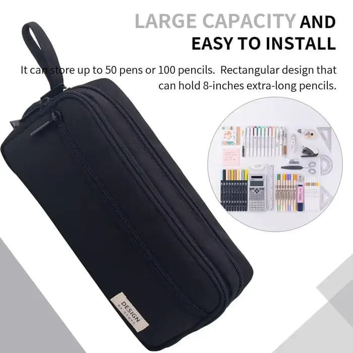 Grande trousse à crayons noire multi-compartiments avec fermeture éclair lisse