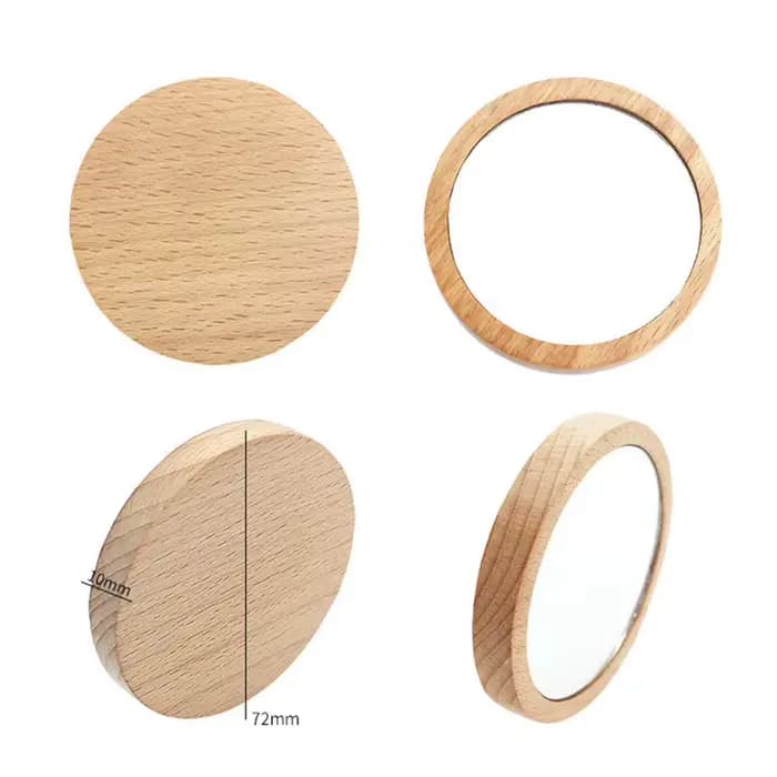 Mini Miroir de Maquillage Rond en Bois