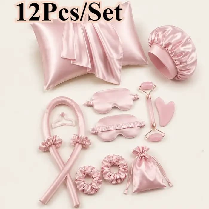 Kit de coiffure 4/12 pièces : Bigoudis en soie sans chaleur avec masque de nuit et bonnet de douche pour femmes et