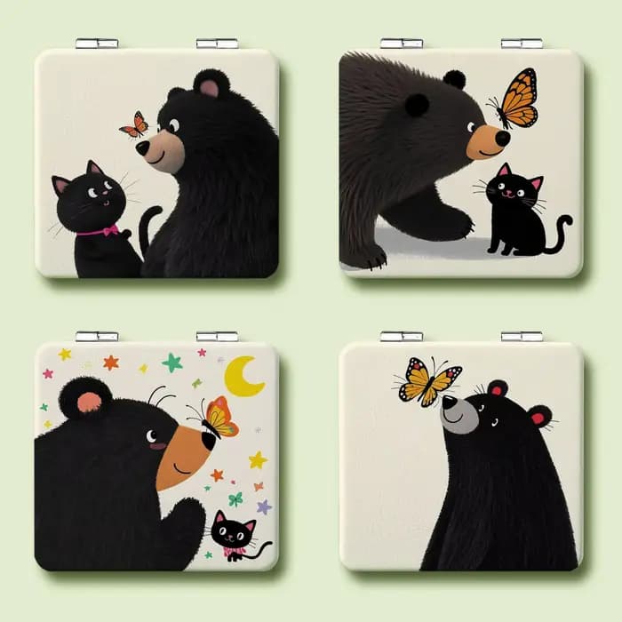 Miroir de maquillage portatif de dessin animé d'unité centrale de chaton et d'ours