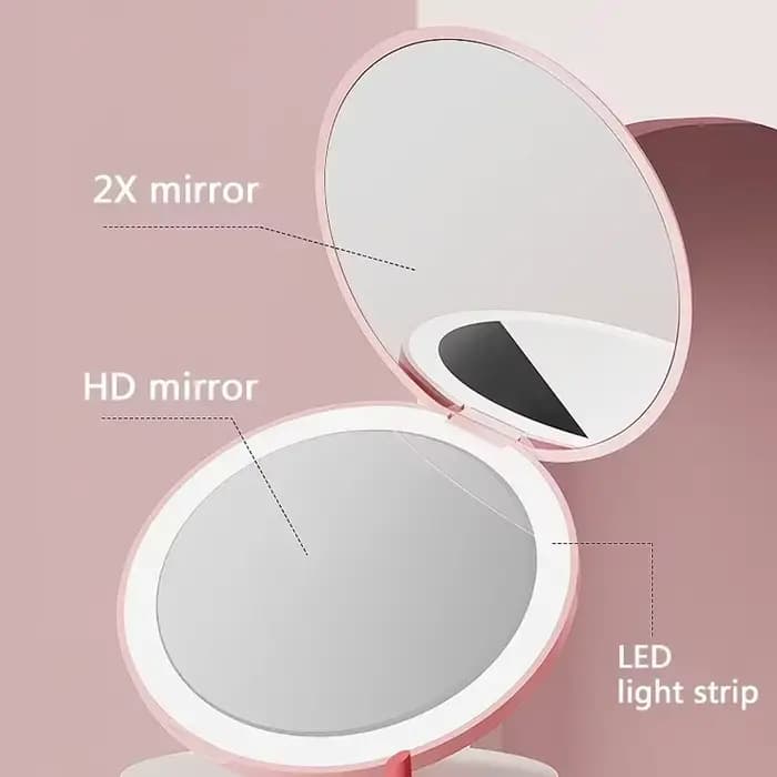Miroir de maquillage de poche LED rond Portable pliant petit avec lumière voyage