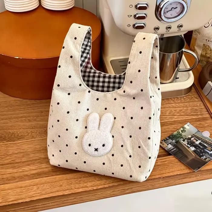 Sac de maquillage Kawaii Miffy, sac à main mignon Milfi à pois brodés, sac de rangement léger et polyvalent à carreaux frais