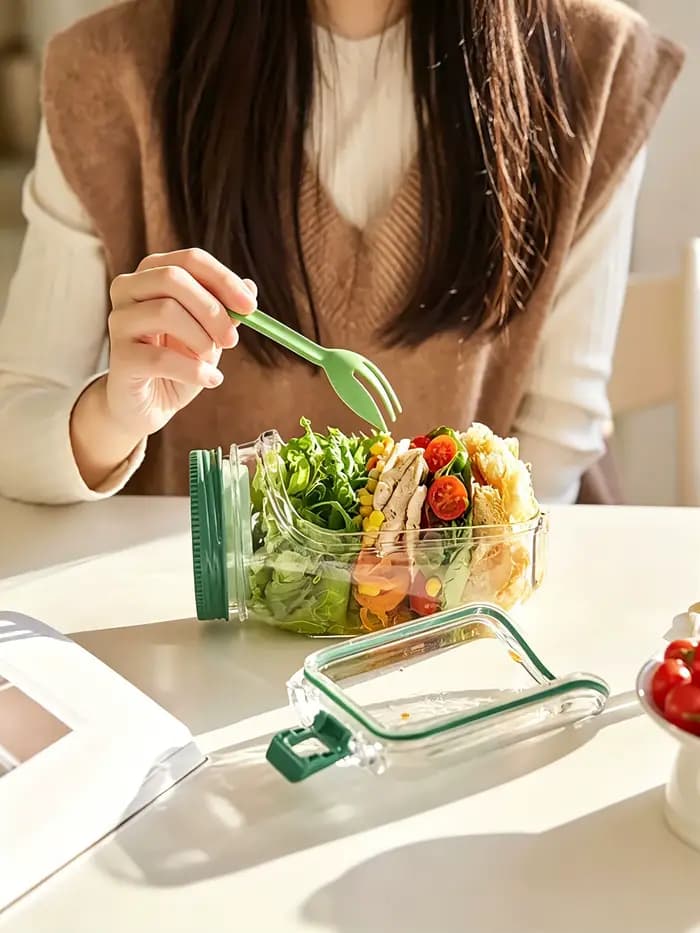 Conteneur à salade de haute qualité, durable avec couvercle à ouverture latérale et compartiment à condiments anti-fuite.