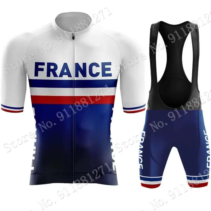 Maillot de Cyclisme de l'Équipe Nationale de France, Ensemble de Vêtements Rétro Français, Chemises Bleues de Vélo de Route, Cuissard à Bretelles, Bas VTT, 2024