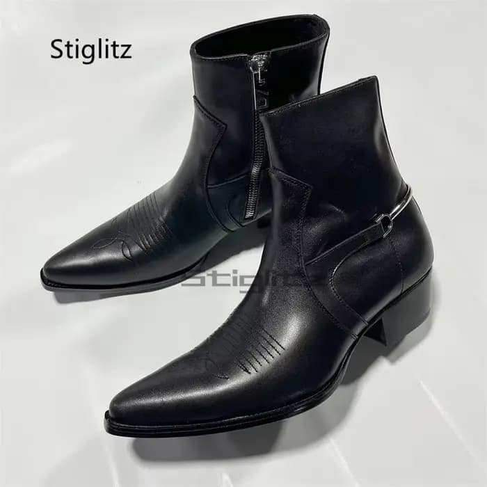 Bottes de Cowboy brodées en cuir véritable pour hommes, Style britannique, tendance, polyvalentes, noires, Chelsea, talons, chaussures habillées d'affaires