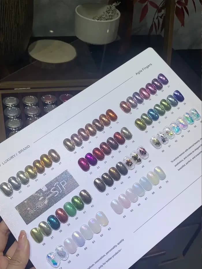 70 couleurs de poudre de miroir magique de vernis à ongles haut de gamme, poudre de vernis à ongles opale, rose clair de lune, avec échantillons de couleurs et verre st