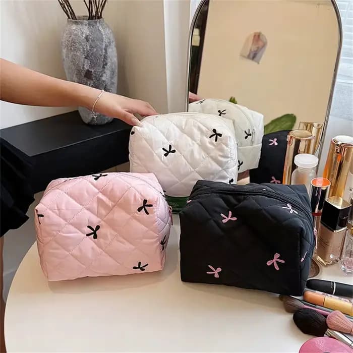 Sac de maquillage brodé avec nœud pour femmes