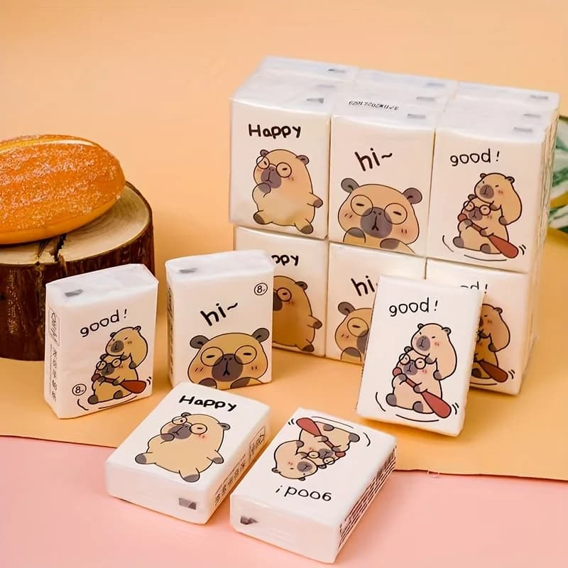 72 pièces/9 paquets de mouchoirs Capibara, mouchoirs de poche portables, pratiques pour un usage quo