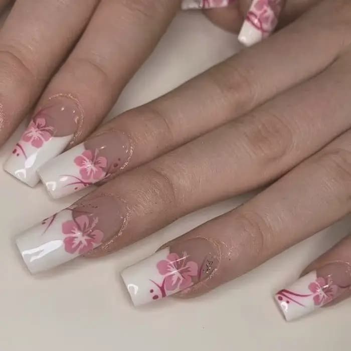 Faux ongles cercueil mi-longs, 24 pièces, pointe française blanche, ballerine à pression, imprimé fl