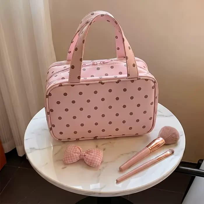 Nouvelle Trousse de Maquillage 2026 à Pois en PU, Sac de Voyage Suspendu à Trois Compartiments Multi