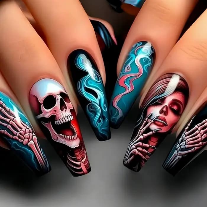 24 faux ongles longs rouge foncé avec colle, motif crâne et fleurs d'horreur, style français à press