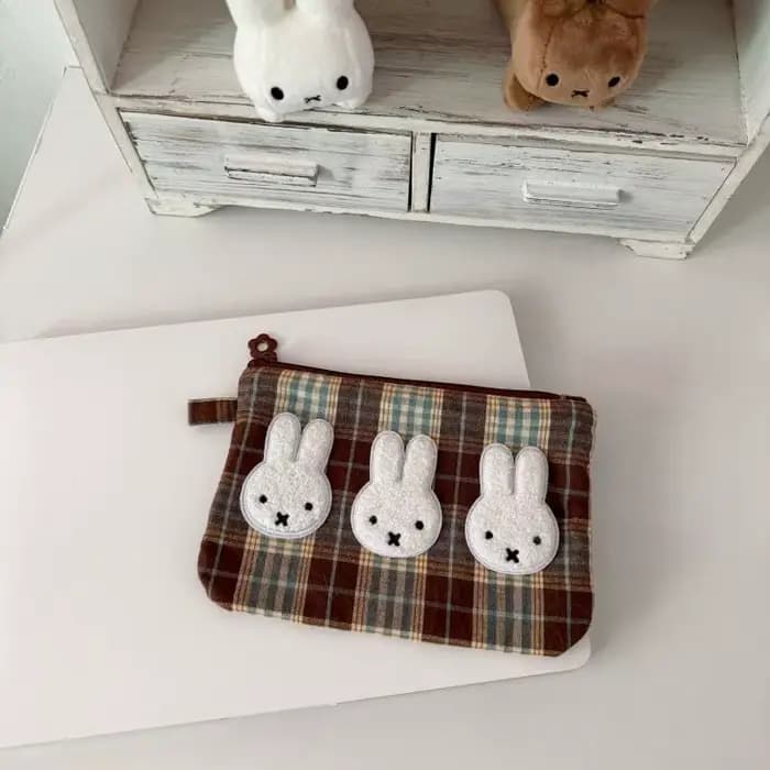 Sac de maquillage Kawaii Miffy, sac de rangement mignon à carreaux contrastés pour notes, articles e