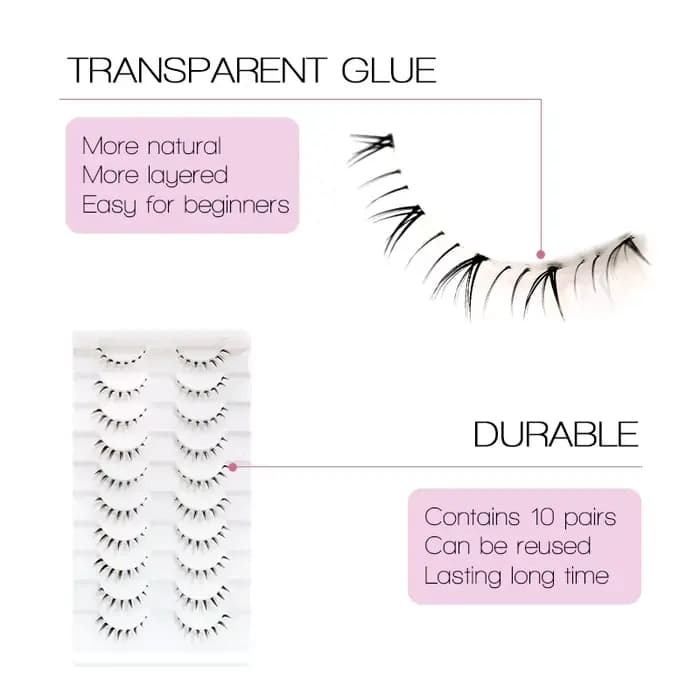 10 paires de cils inférieurs Manga, bande transparente, vaporeux, petite flamme sous les yeux, maqui